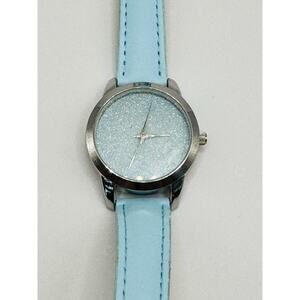 Ladies BWC Dressy Sparkly Round Silver Tone Blue Faux Leather Analog Watch F5